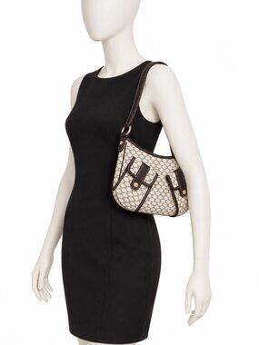 Celine Macadam Shoulder Bag Brown Leather Trim Monogram Hobo Bag